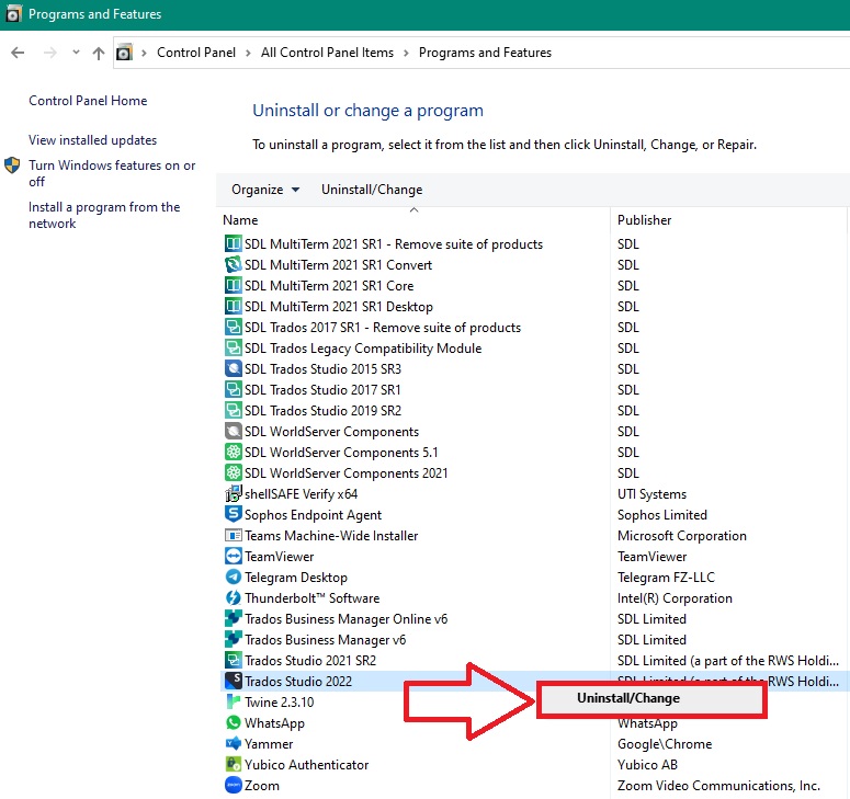 right click on Trados Studio 2022 and an Uninstall/Change option will appear