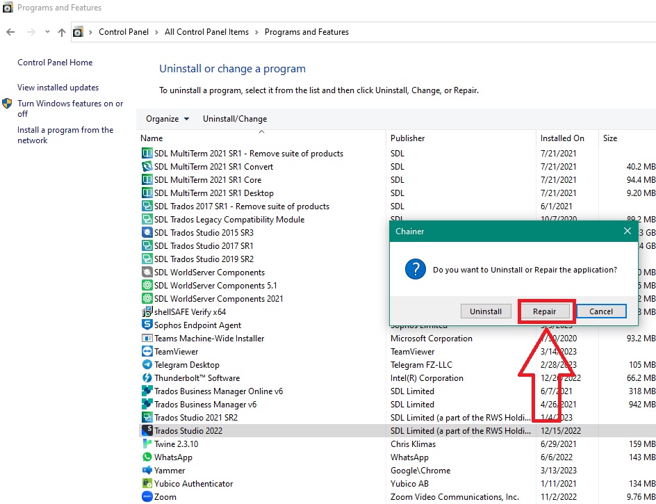 A message will appear asking if you want to Uninstall or Repair the application. Please select Repair.