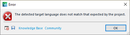 The detected target language does not match that expected by the project.