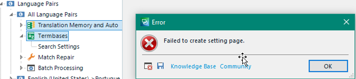 Failed to create setting page
