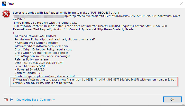 Atttmpting to create a new file version but version already exists error